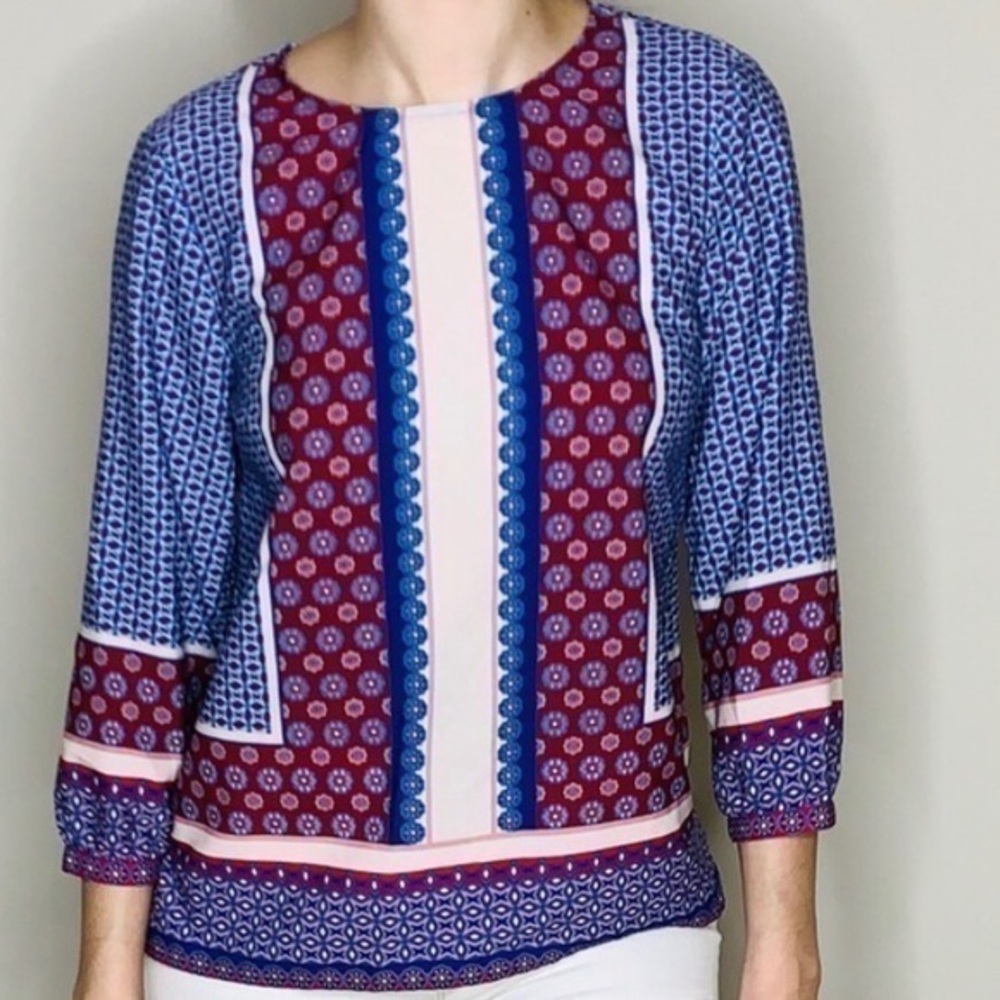 Talbots blue and maroon scarf print blouse